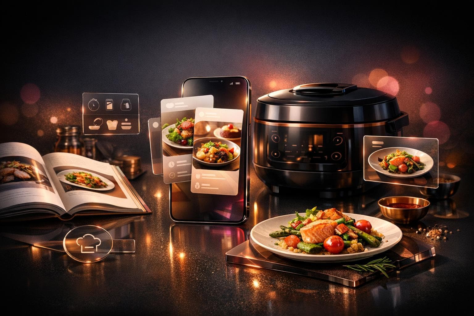 BORK multicooker and digital cooking companion illustration