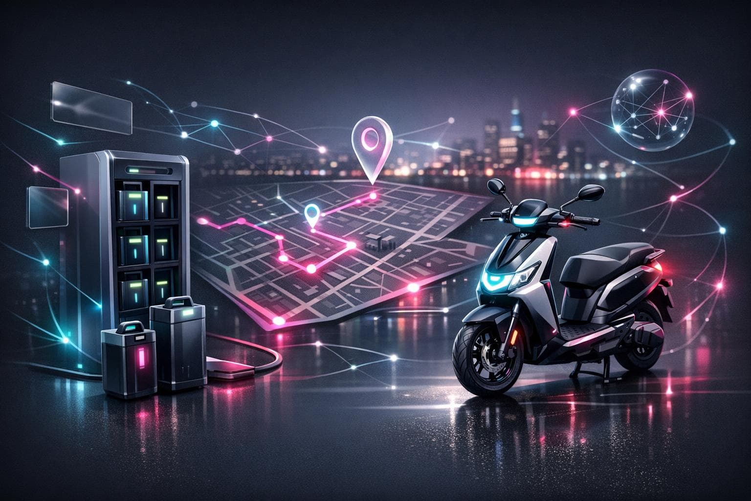 Eco-Go electric scooter and battery infrastructure illustration