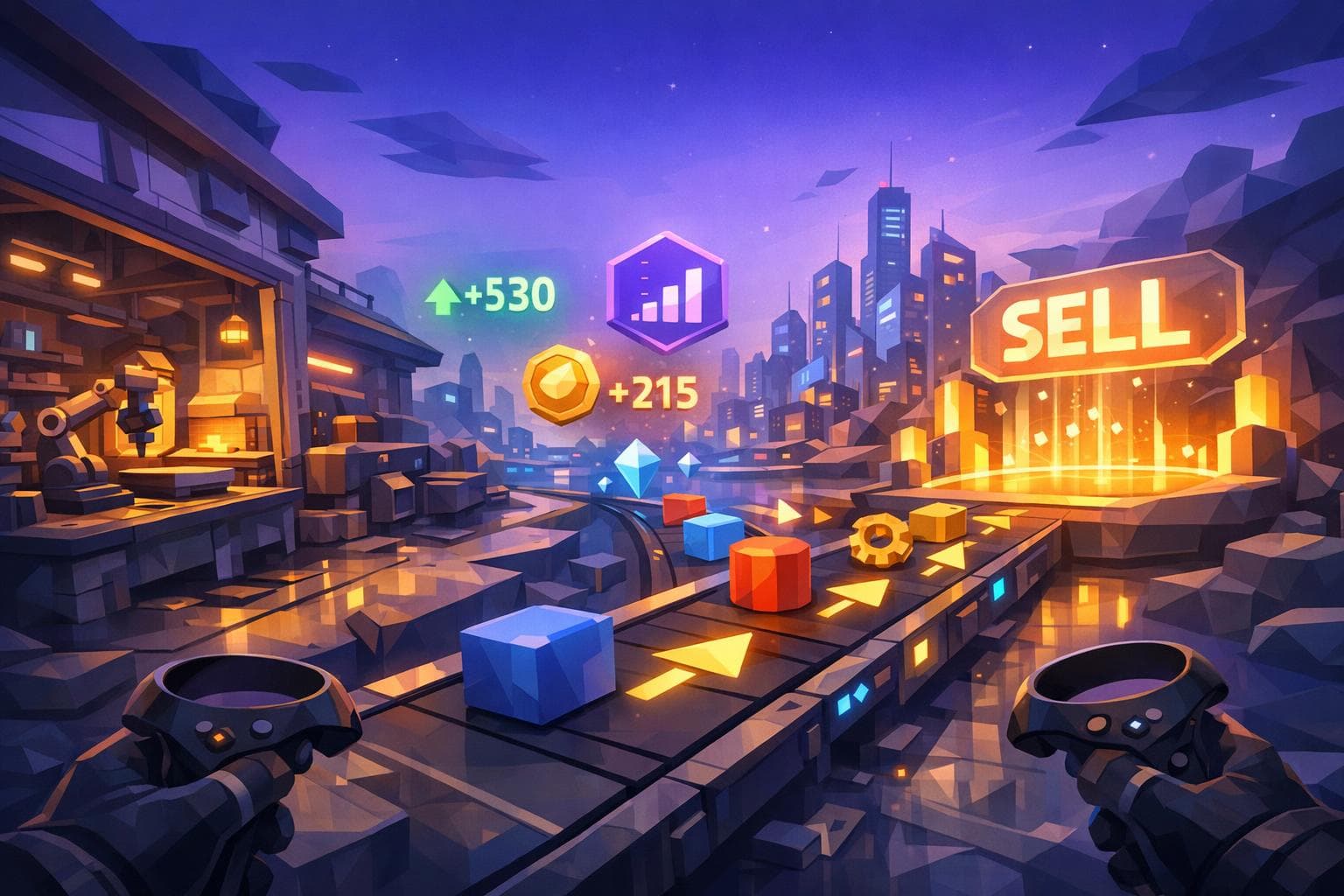 Moving virtual objects through production and selling zones